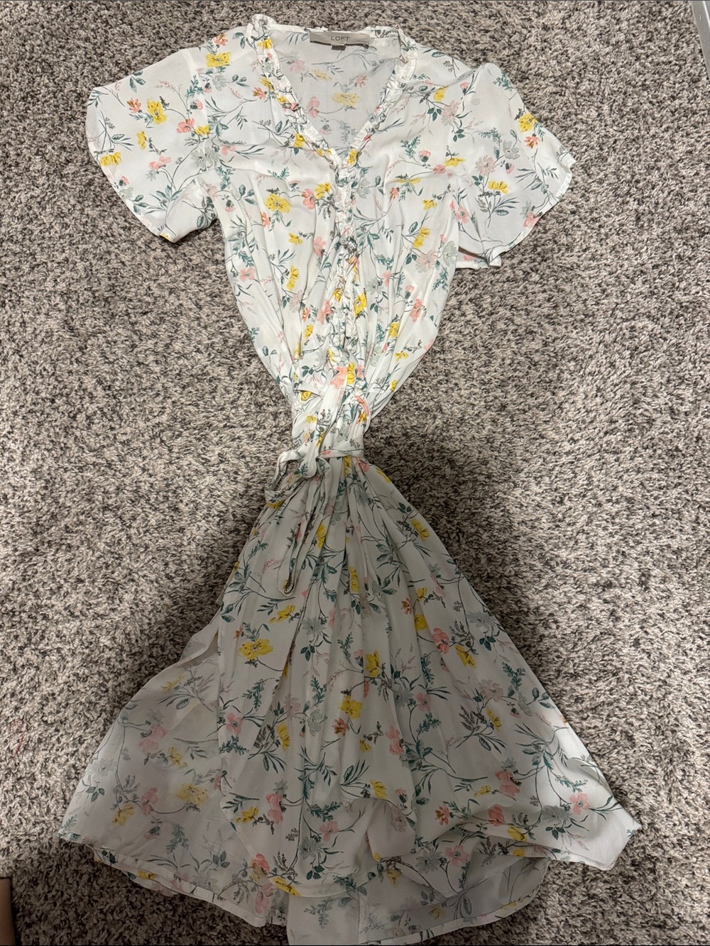 LOFT White Floral Midi Dress with Yellow and Pink Accents
